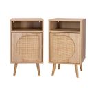 SWEEEK Lot de 2 tables de chevet. Eva. décor bois et cannage arrondi. une porte. un espace de rangement. L40 x l39 x H65.8cm