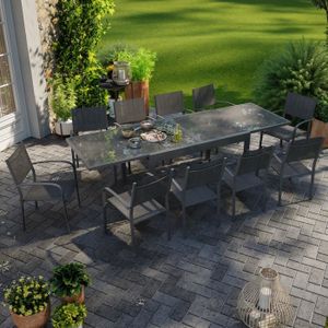 Ensemble table et chaise de jardin Table de jardin extensible aluminium 270cm + 10 fauteuils empilables textilène anthracite - LIO 10