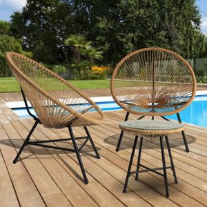 Ensemble table et chaise de jardin Salon de jardin IZMIR table et 2 fauteuils œuf effet rotin - IDMARKET - Naturel - Jardin - Beige - Acier