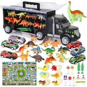 UNIVERS MINIATURE THOTCOC Camion Transporteur de Voitures avec Oeuf et Figurine Dinosaure, Tapis de Jeu, Mini Voiture de Course,37PCS