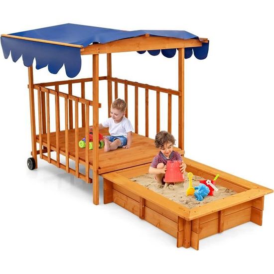GOPLUS Bac à Sable en Bois Massif pour Enfants avec 2 Bancs, Bac à Sable Extérieur avec Boîte de Rangement et Drapeaux, Doublure de Protection pour Jardin, Plage, Cour, 113X116,5X73,5CM