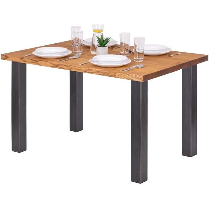 LAMO MANUFAKTUR Table à manger industrielle en bois massif - 120x80x76cm - frêne rustique - pieds acier brut - modèle classic