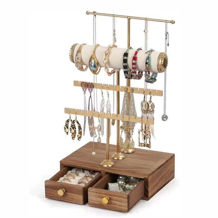 Porte-bijoux Arbre en métal, Bois rustique Basic Tiroir Boîte de rangement Boucles d'oreilles, colliers, bagues, bracelets