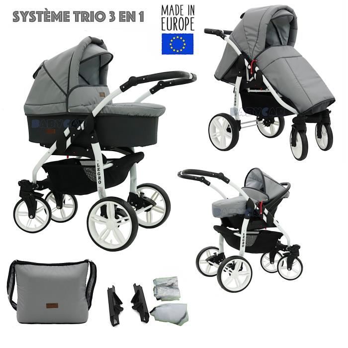Graphite-Gris LEGRO Trio Poussette - Landau 3en1 Combinée avec siège auto, ROUES PIVOTANTES LB18