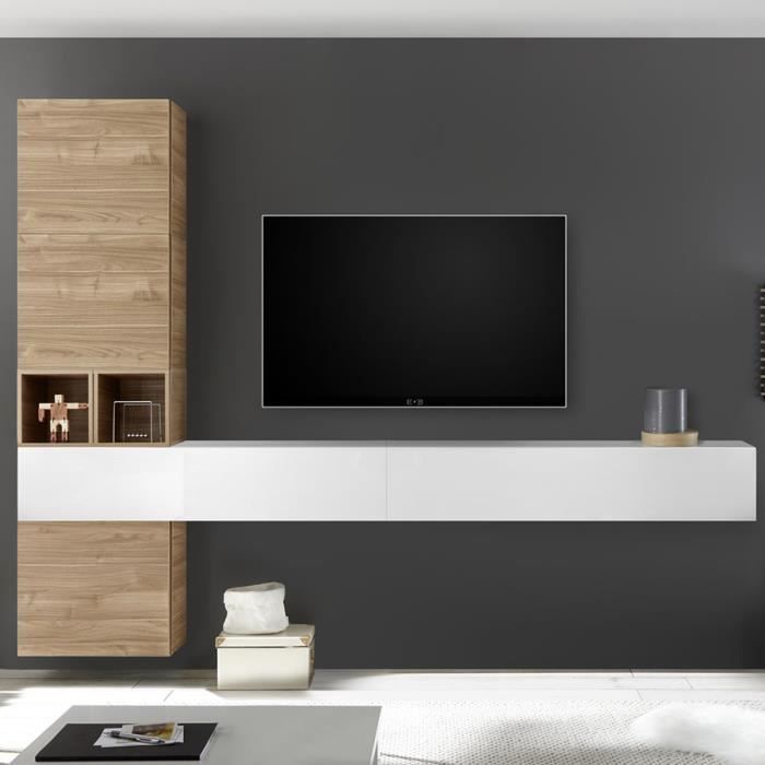 Composition murale TV couleur chêne et blanc laqué ORIAGO Marron L 275 x P 30 x H 220 cm