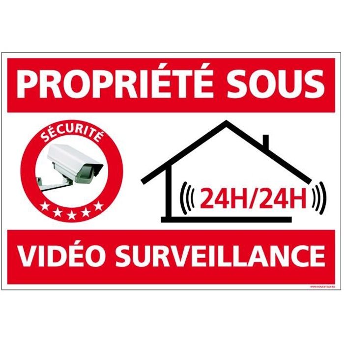 Panneau Propriété Sous Vidéo Surveillance, Panneau Alarme - 24h/24. Caméra de Sécurité - Adhésif - 300 x 210 mm