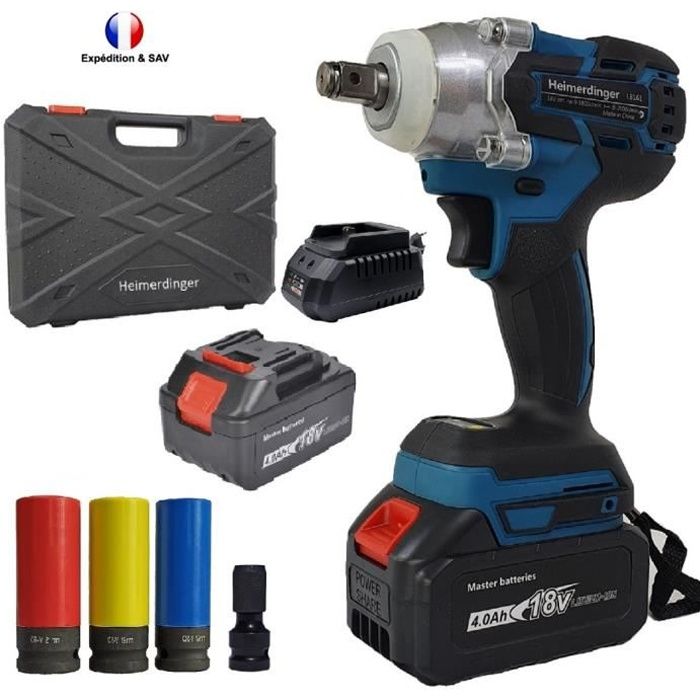Clé a choc sans fil, Boulonneuse a choc électrique, 18V, 300Nm 3 Vitesses, 2 batteries 4 Ah li-ion, 3 Douilles 17, 19 et 21 mm