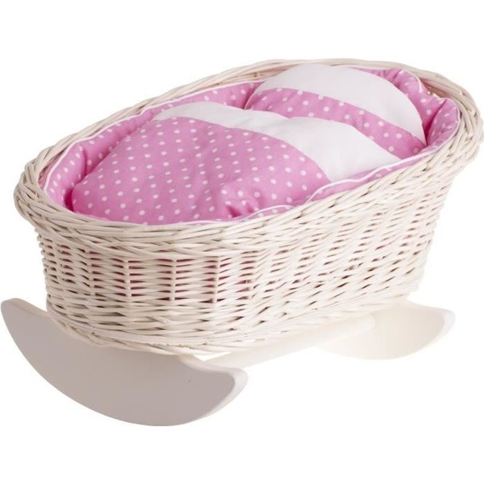 Ancien berceau de poupée en osier, vannerie osier/rotin, parure de lit poupée, vintage des années 60, rose. - France