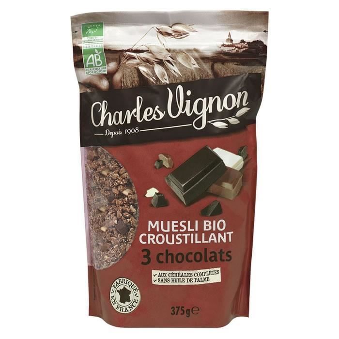 LOT DE 10 - CHARLES VIGNON : Muesli bio aux 3 chocolats 375 g