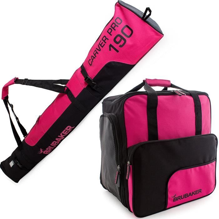 BRUBAKER 'Carver Pro 2.0 ' Set de Ski - Housse à Skis et Sac à Chaussures de Ski - 170 cm - Noir-Rose vif
