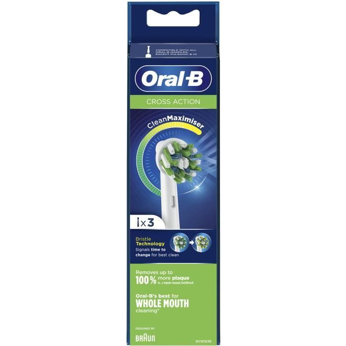 Oral-B Brossette de Rechange Cross Action Clean Max, Brosse à Dents Électrique, Elimination de la plaque dentaire, Pack de 3