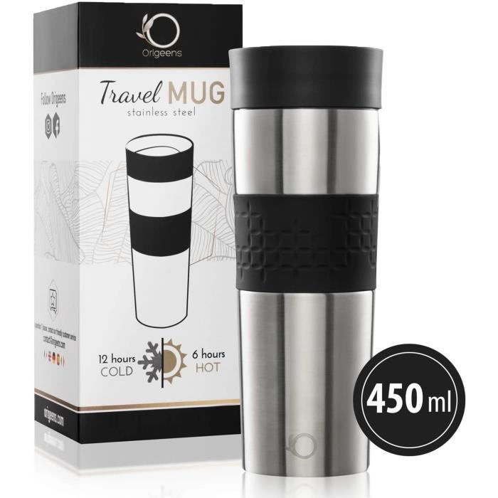 Origeens Mug Isotherme Etanche 450mL - Thermos Café-Thé - Tasse Double Paroi Isolée sous Vide, Acier Inoxydable - Ouverture/Fermetur