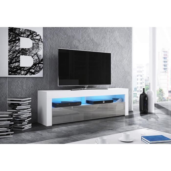 Meuble TV design MEXICO 160 cm, 1 porte et 1 niche, coloris blanc et gris brillant + LED L 160 X P 35 X H 50 cm Blanc