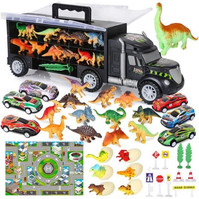 THOTCOC Camion Transporteur de Voitures avec Oeuf et Figurine Dinosaure, Tapis de Jeu, Mini Voiture de Course,37PCS