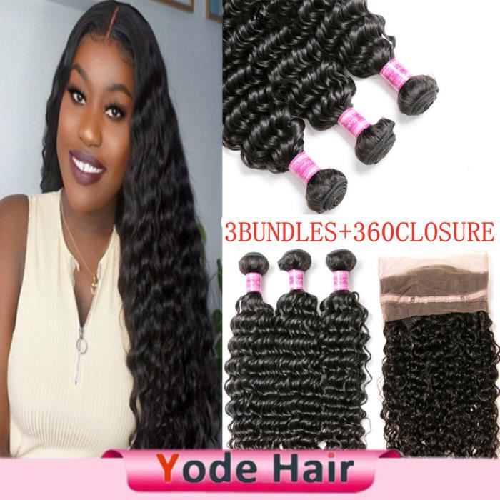(20 22 24+18-closure)Mèches 3bundles Péruviennes Remy Cheveux Naturels Deep Wave Avec Lace Frontal 360