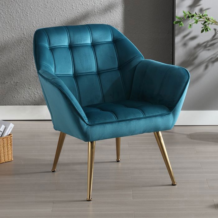 Wahson Fauteuil Salon Moderne 1 Place Fauteuil Velours avec Pied Doré Fauteul Design Salon Rembourré Scandinave Fauteuil Bleu