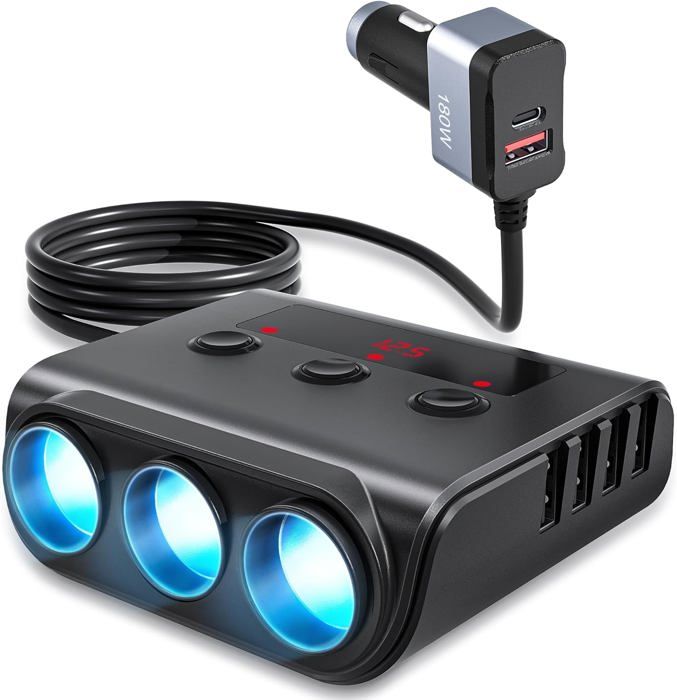 4 Ports Chargeur Allume Cigare USB, 66W Chargeur Allume Cigare USB QC3.0&PD 30W Avec LED