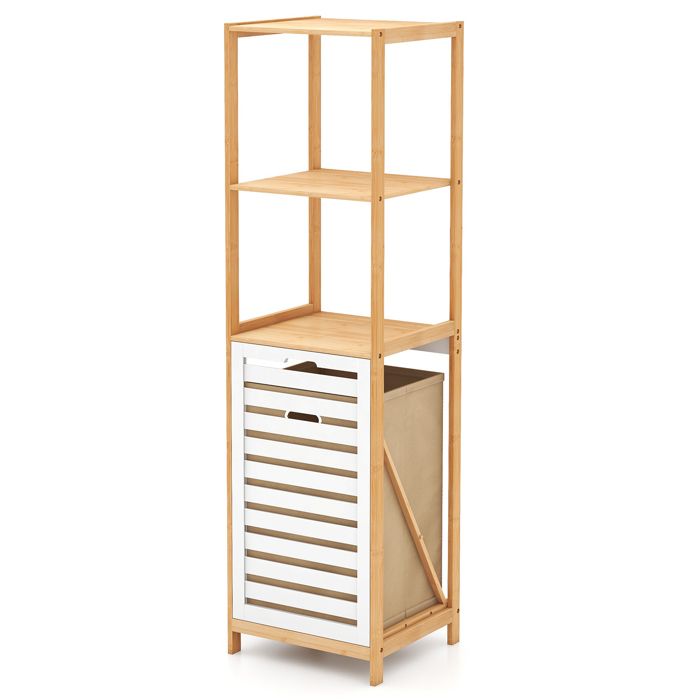 COSTWAY Meuble Colonne de Salle de Bain en Bambou avec 3 Etagères Panier à Linge pour Buanderie Salle de Bain 36 x 33 x 130 cm