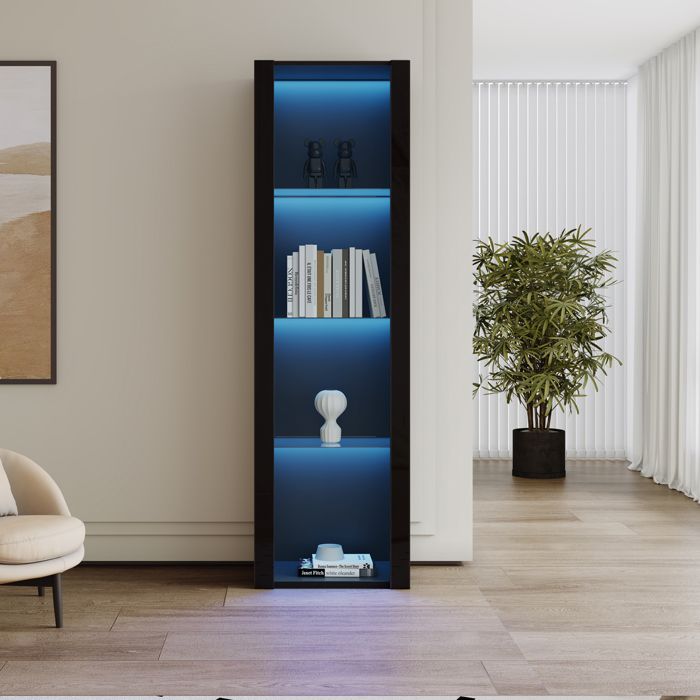 Vitrine - JAERLIUB - Vitrine haute - 3 compartiments en verre - Éclairage LED - Noir