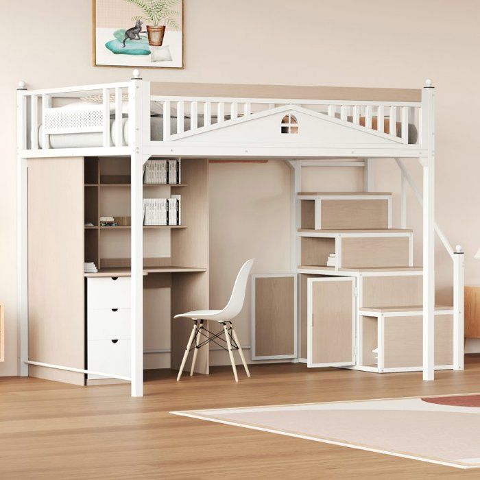 Lit mezzanine - LANGTU - 140 x 200 cm - Métal blanc - Échelle interchangeable gauche/droite - Rangements intégrés
