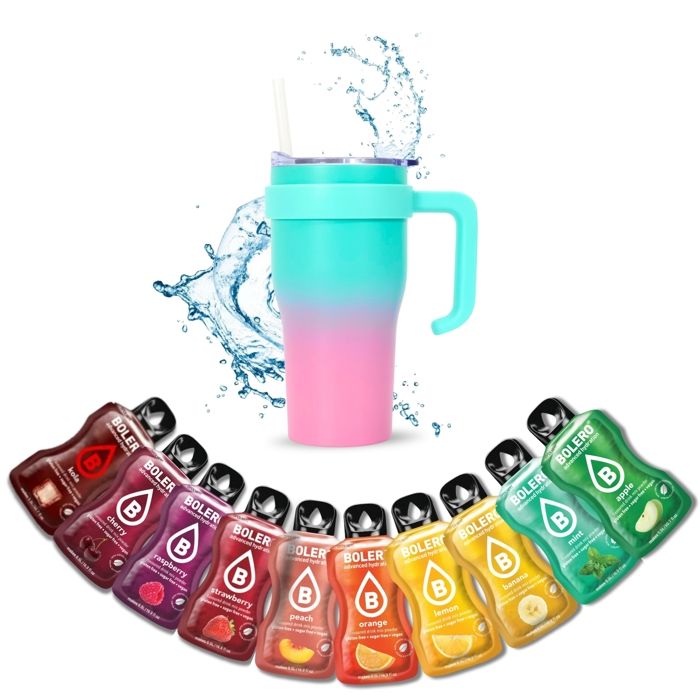 Mug Bicolore Isotherme avec Paille et Poignée  Gourde Inox 60 cl + 10 Sticks Bolero Classiques Sans Sucre  Coloris Rose & Bleu
