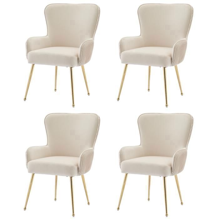 Fauteuil de salle à manger- Lot de 4 - Velours Beige - Pieds Métal Doré - Accoudoirs - Réglables Fauteuil de salle à manger- Lot de 4 - Velours Beige - Pieds Métal Doré - Accoudoirs - Réglables