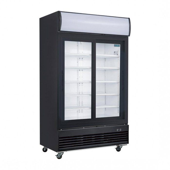 Vitrine réfrigérée positive 950 Litres 2 portes vitrées coulissantes avec caisson lumineux en acier noir 500 W 220 V - MONO
