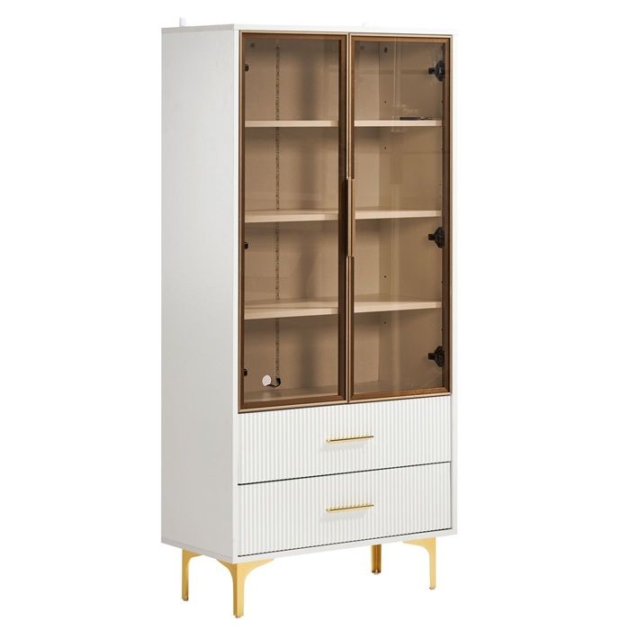 Vitrine Élégante en Verre à 2 Portes - Pieds Dorés Étagères Réglables et Éclairage LED Intégré Vitrine Élégante en Verre à 2 Portes - Pieds Dorés Étagères Réglables et Éclairage LED Intégré