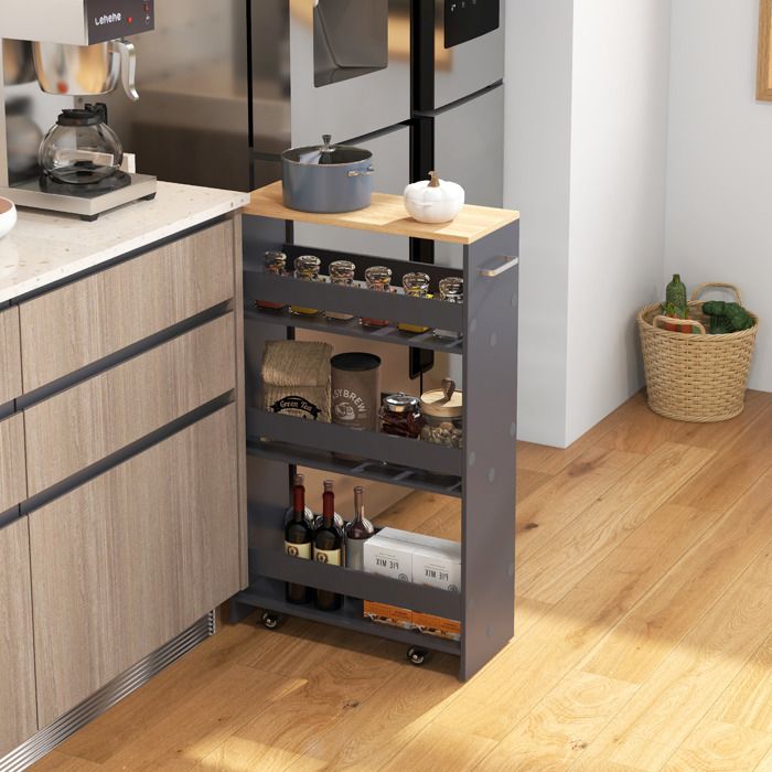 GIANTEX Desserte de Cuisine avec Roulettes à 4 Niveaux Chariot de Service Étroit avec Poignée 475 x 20 x 805 cm Naturel + Gris