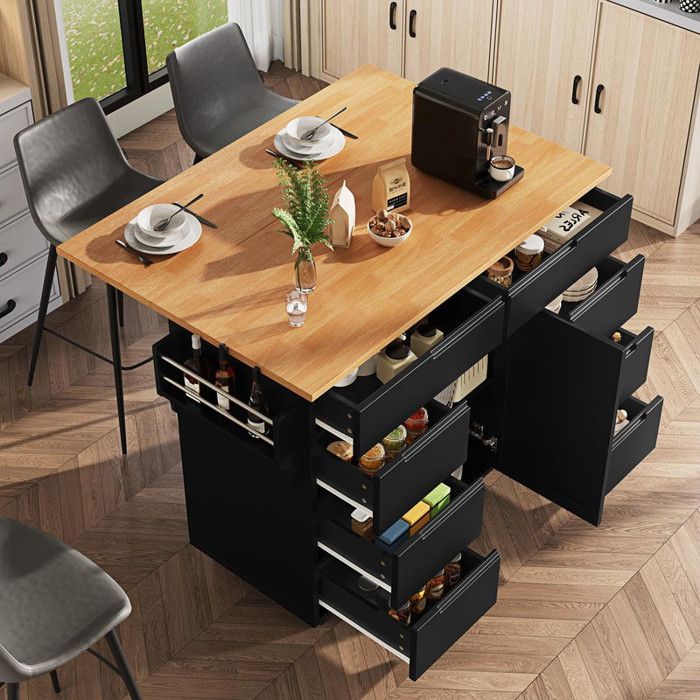 Îlot de cuisine moderne Ilot central cuisine avec roulettes et plan de travail chariot avec étagère à épices et 8 tiroirs noir