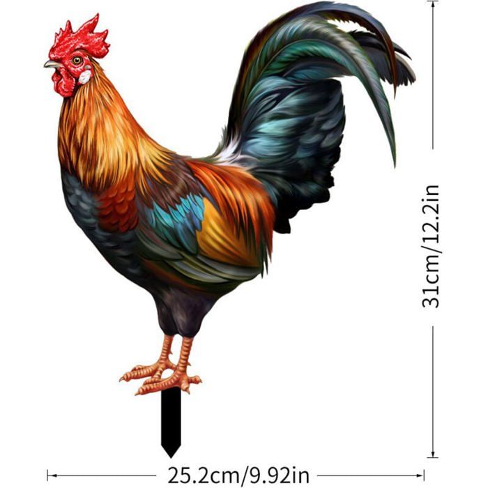 Sculpture Poule En Fer Colorée – Décoration Jardin & Maison Antirouille, Style Fermier Vif Et Charmant, Peigne Rouge & Plumes Dégradées