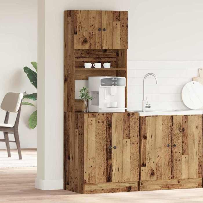 Buffet de cuisine bois ancien style campagne rustique en bois dingénierie avec 4 portes et 3 étagères rangement de cuisine