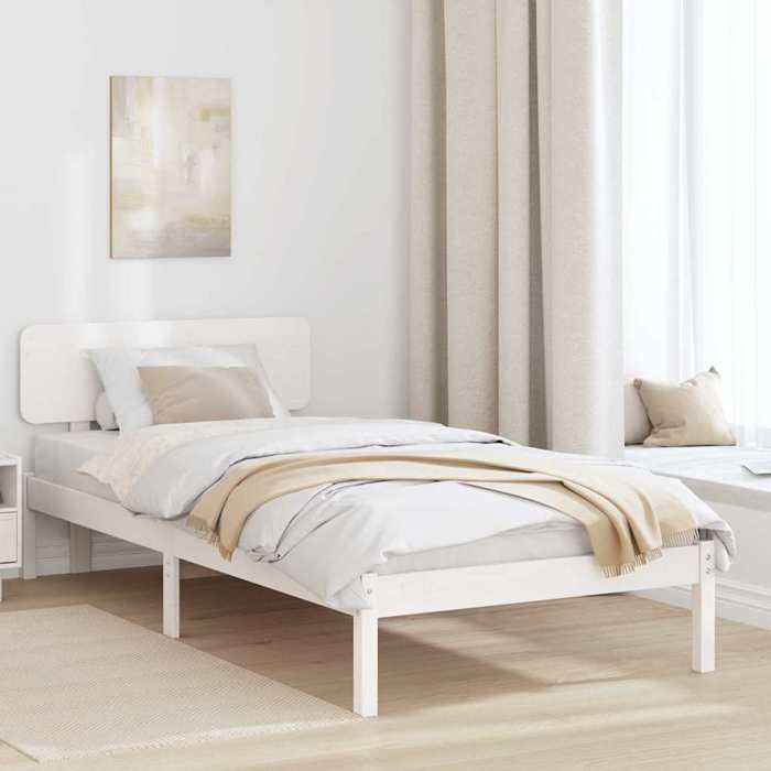 Cadre de lit en pin massif - vidaXL - 90x200 cm - Blanc - Tête de lit incluse - Cadre à lattes fixes - 206 5x95 5x74 cm