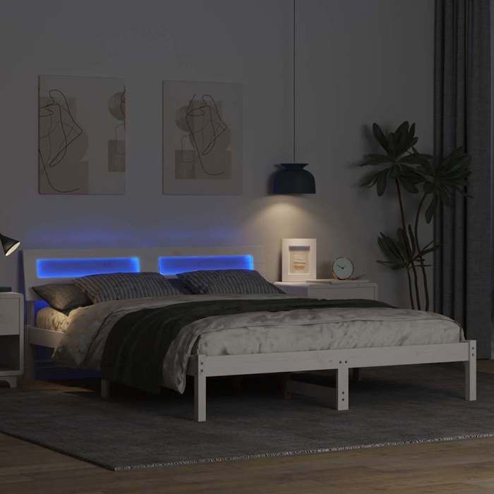 Structure de lit avec tête de lit - UU - 160x200 cm - Pin massif - Blanc - Bandes LED intégrées - Sans sommier