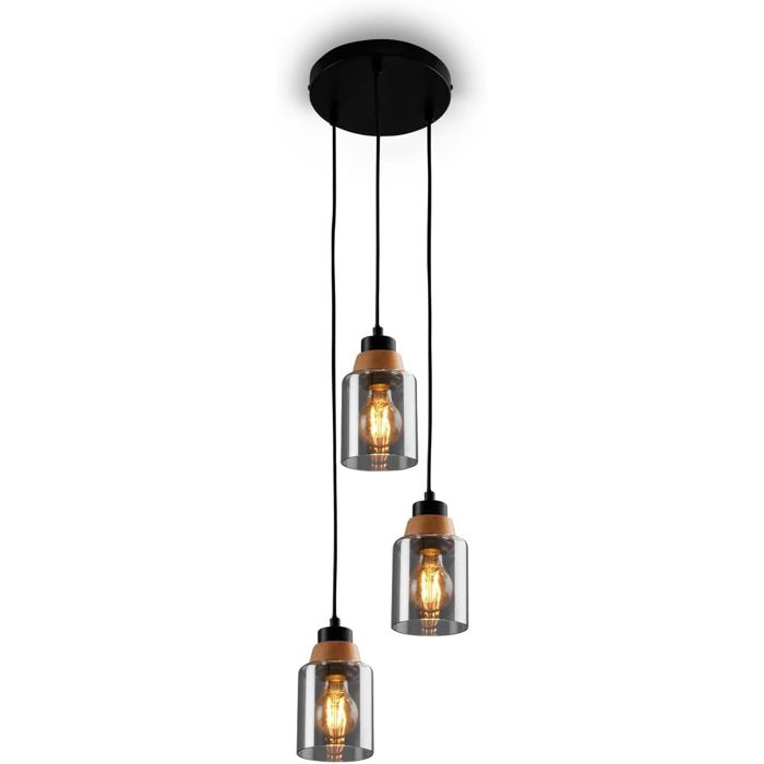 Lampe suspension BRILONER 3 verres fumés bois noir vintage - E27 Ø21 cm H141 cm Lampe suspension BRILONER 3 verres fumés bois noir vintage - E27 Ø21 cm H141 cm