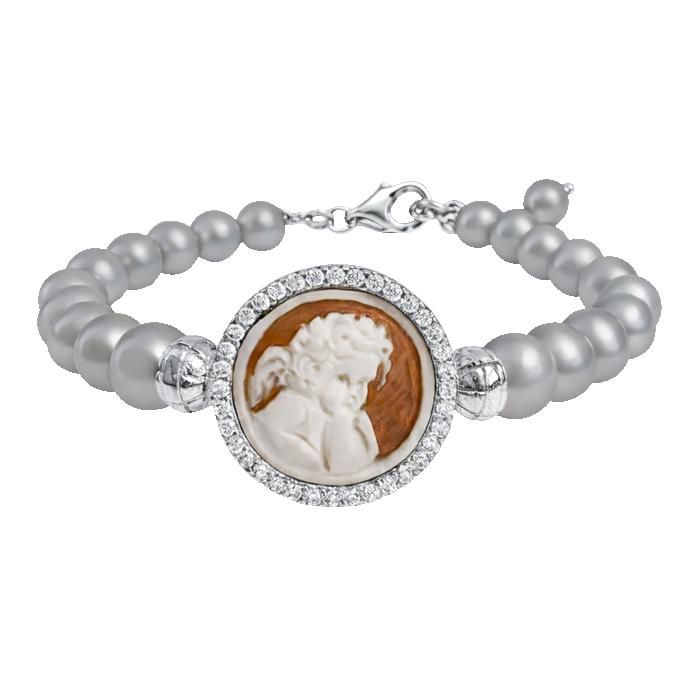 Bracelet Femme Camée Argent 925 Rhodié – Perles de Culture 7 mm et Oxydes de Zirconium – Longueur 17 cm + 3 cm Réglable –Mousqueton