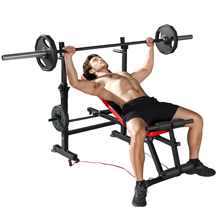 Banc de musculation complet - SPORTNOW - avec dossier réglable repose-jambes sangles dentraînement et support de poids - noir