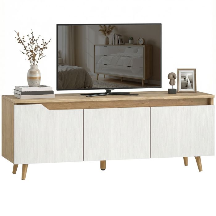 Meuble TV - HOMCOM - pour téléviseur jusquà 55 pouces - 3 portes étagère réglable - panneaux de particules - 120cm - chêne et blanc Meuble TV - HOMCOM - pour téléviseur jusquà 55 pouces - 3 portes étagère réglable - panneaux de particules - 120cm - chêne et blanc
