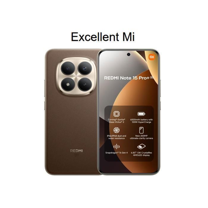 Smartphone - XIAOMI - REDMI Note 15 Pro+ 5G - 12 Go RAM 512 Go - 200 MP appareil photo - 6500 mAh 100W
