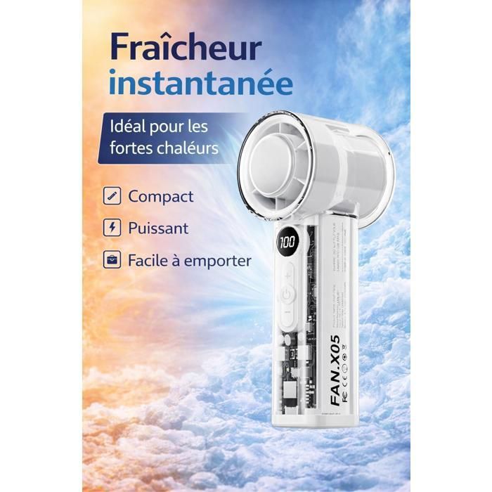Ventilateur portable rechargeable avec fonction refroidissante écran digital 3 vitesses transparent -Blanc - Generique