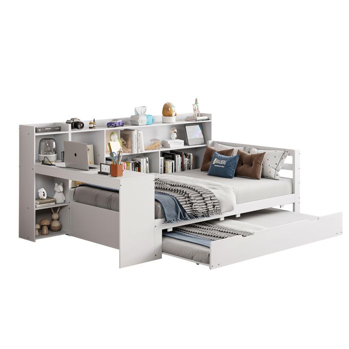 Lit Gigogne 90x200 cm Multifonction enfant/Ado avec Bureau et Rangement Lit Coulissant Bois Massif - Blanc - Sans Matelas