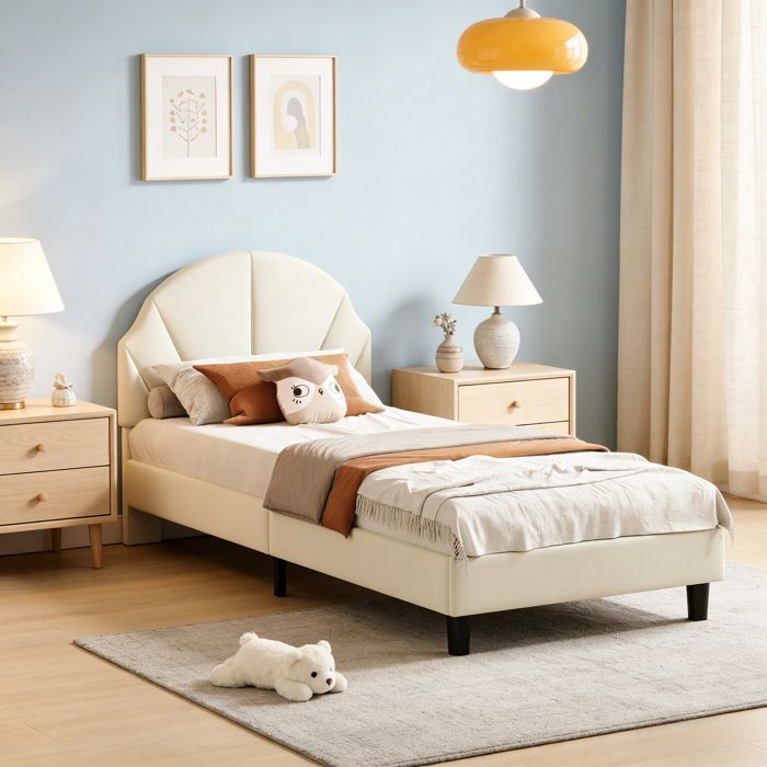 Lit enfant 90x200 cm Lit fille avec tête de lit réglable en forme de fleur lit princesse avec sommier à lattes Velours Beige.