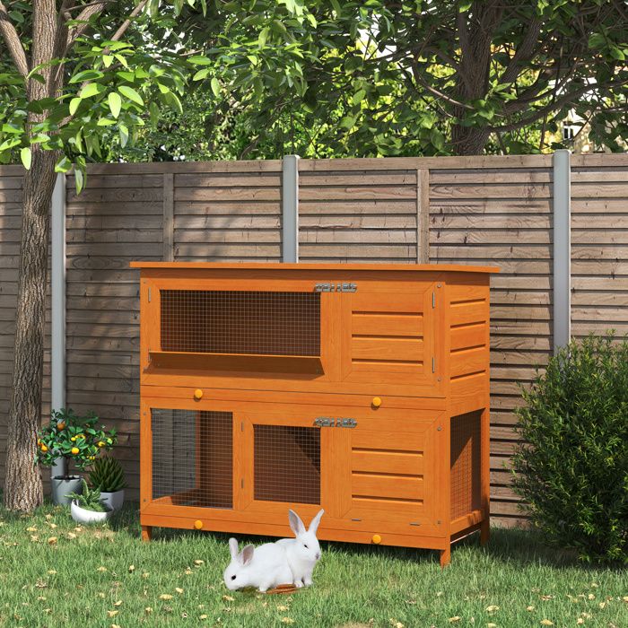 Cage à lapin poulailler clapier en bois de pin de grande taille avec 2 étages râtelier à foin toit ouvrant dim.120L x 48l x100H cm