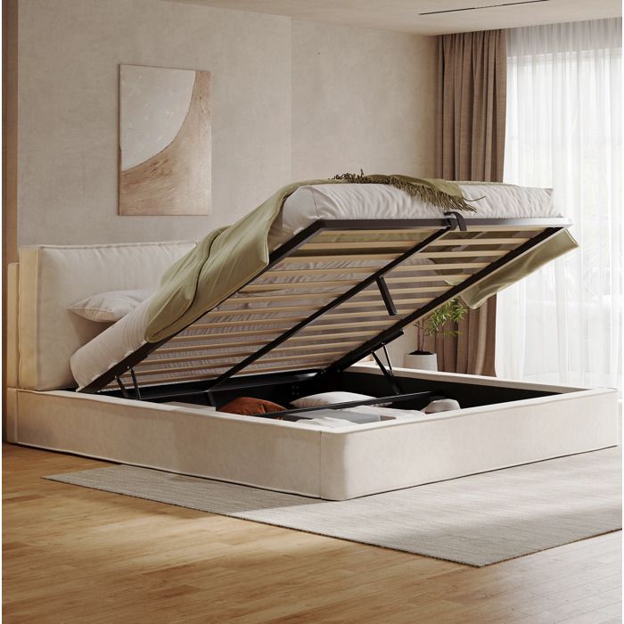 Lit coffre gris 160 × 200 en velours avec liseuse USB et tête de lit sans matelas