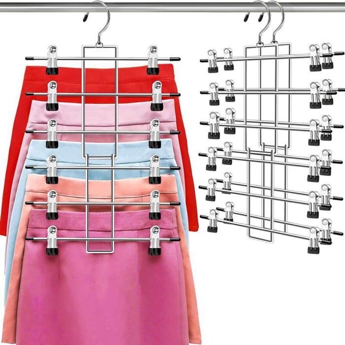 Cintre à pantalons avec pinces unité de rangement gain de place - 6 niveaux porte-jupes avec crochet rotatif à 360° (lot de 2)