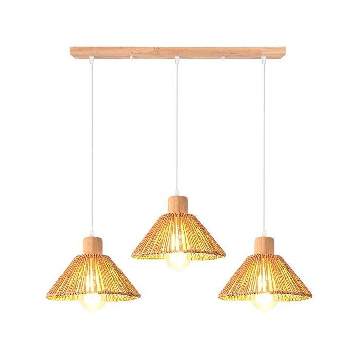 3 Lumières Suspension Luminaire en Rotin Brun et Bois Vintage Ø22CM Plafonnier Lustre Barre Style Bohème pour Salon - SMOTOP