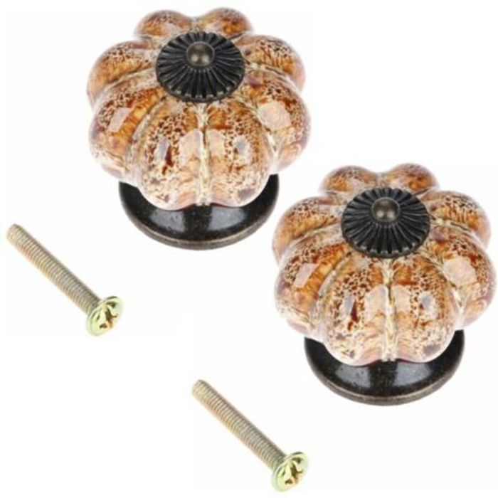 Bouton de porte en céramique - PZCC - Forme citrouille - Antique - Marron - Diamètre 40 mm - Hauteur 40 mm - Vis 25 mm
