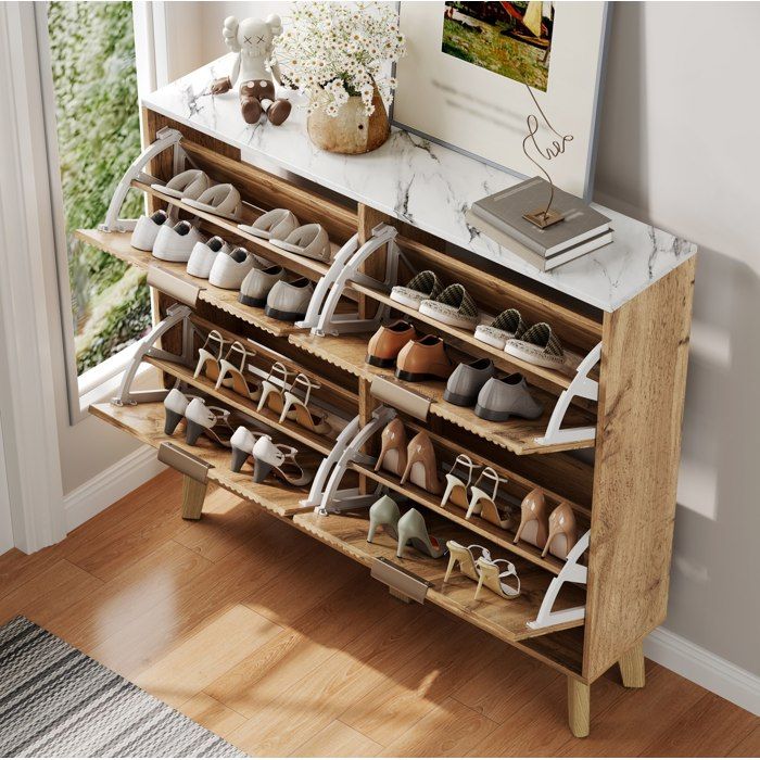 MEUVYX Meuble à chaussures avec 4 portes abattantes plateau aspect marbre ultra-fin MDF naturel 105 × 24 × 95 5 cm