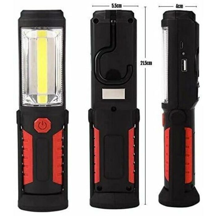 Lampe LED 3-en-1 COB 650LM Aimant USB – Camping Garage – 21.5x5.5x4cm Noir/Rouge