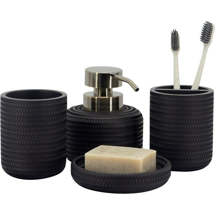 Accessoires de salle de bain noirs  - Lot de 4 pièces - Distributeur de savon - Porte-brosse à dents